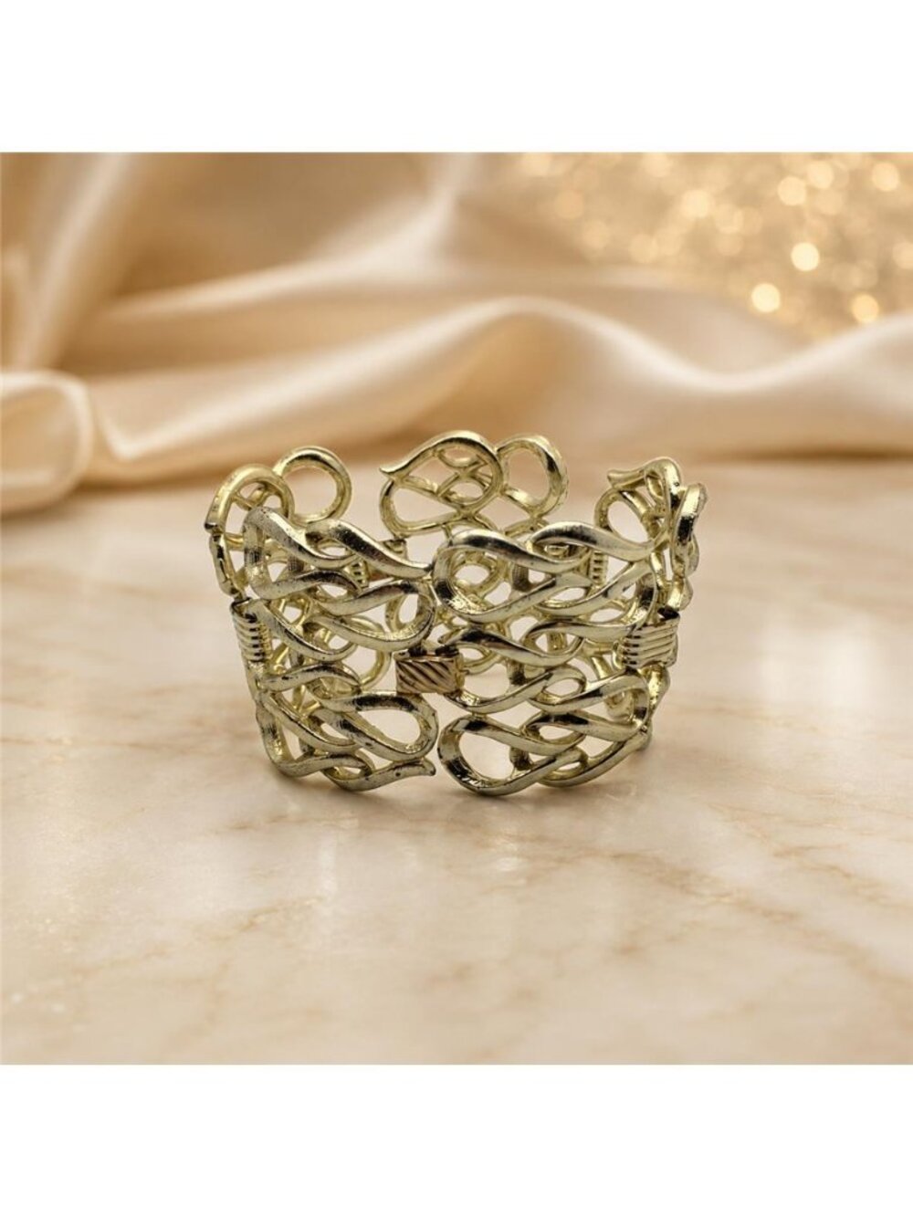 Gold Tone 2in Wide Openwork Swirl Bracelet 7.75in Sarah Coventry Vintage
